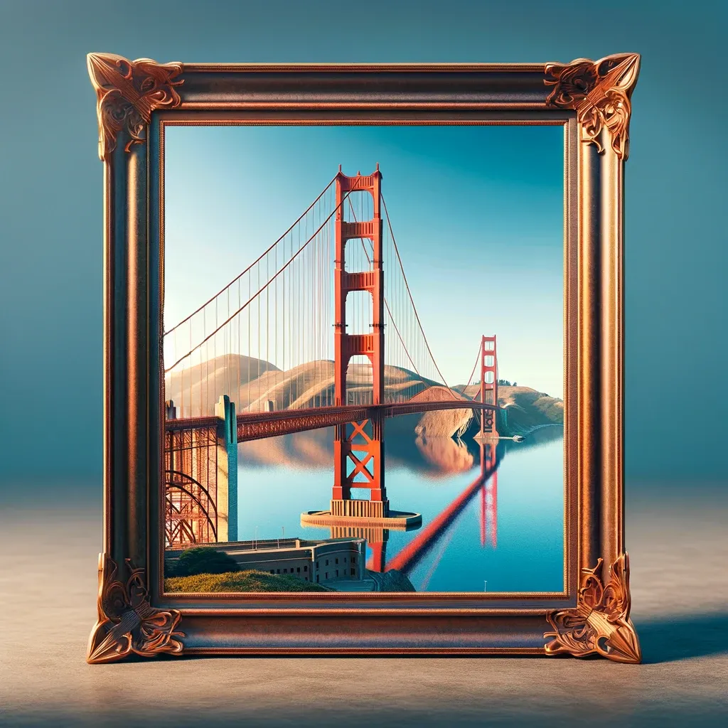 A framed portrait of the Golden Gate Bridge with its reflection mirrored in the waters of the bay
