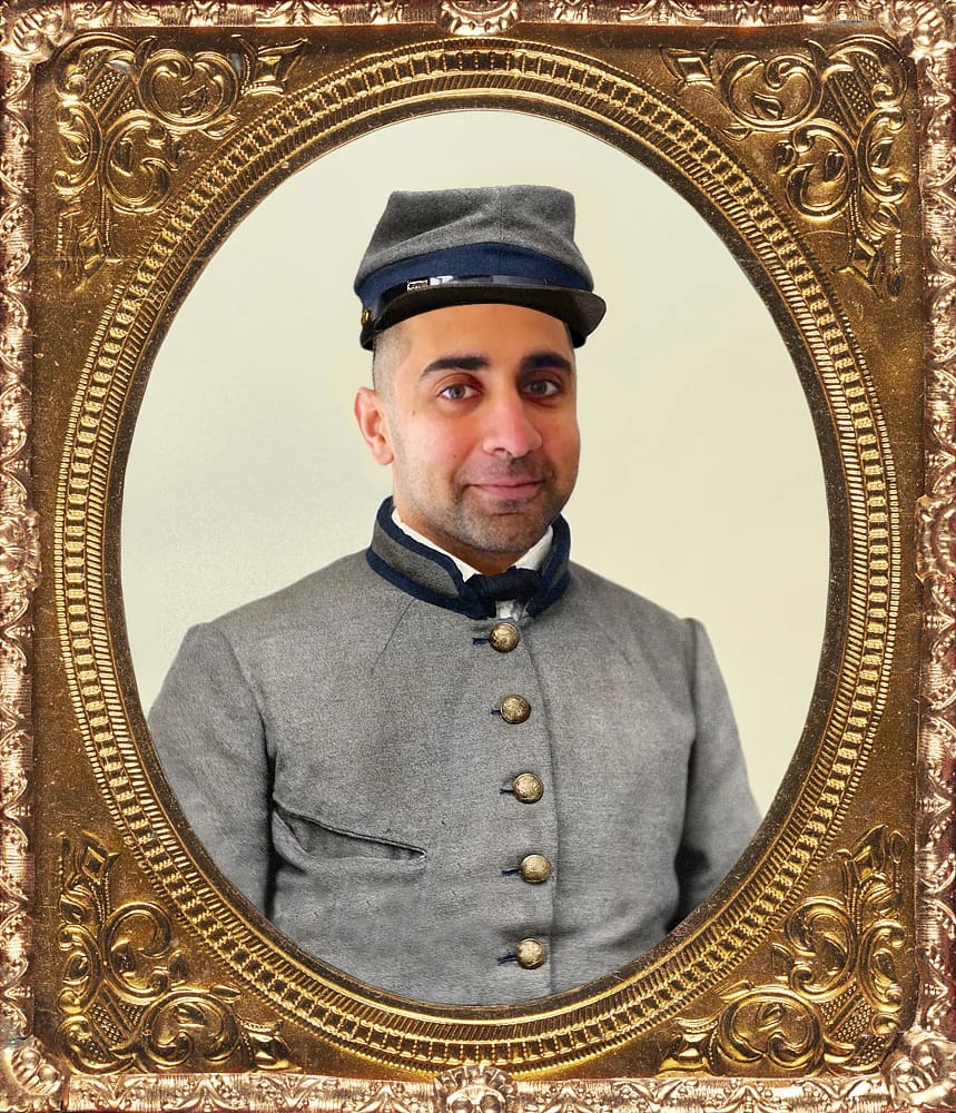 balaji srinivasan pictured in a gray Civil War uniform