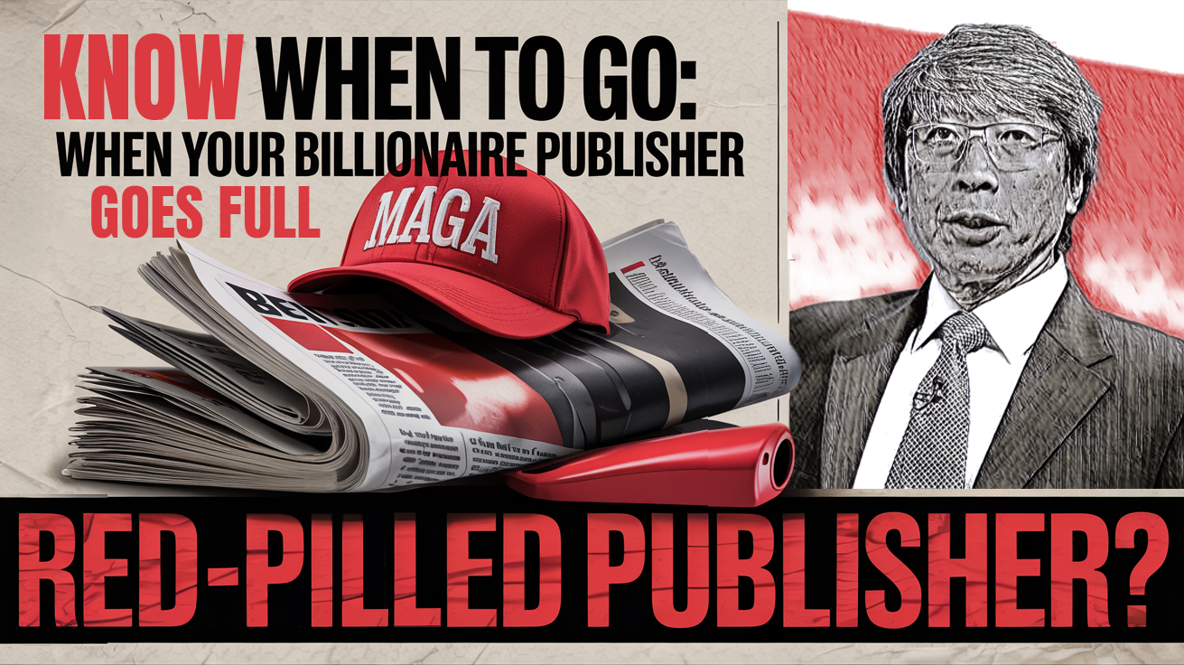 image of Los Angeles Times owner Patrick Soon-Shiong, a red MAGA hat on a newspaper