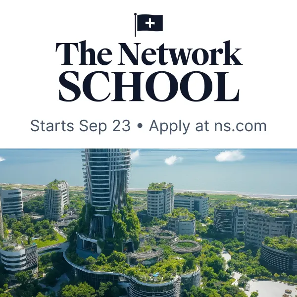 Network State school advertisement featuring futuristic buildings