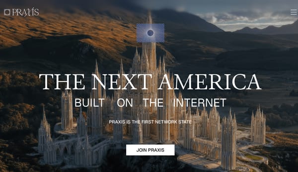 screenshot from an AI-generated image of Praxis, showing an high-tech cathedral with the Praxis flag atop it