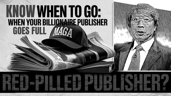 image of Los Angeles Times owner Patrick Soon-Shiong, a red MAGA hat on a newspaper